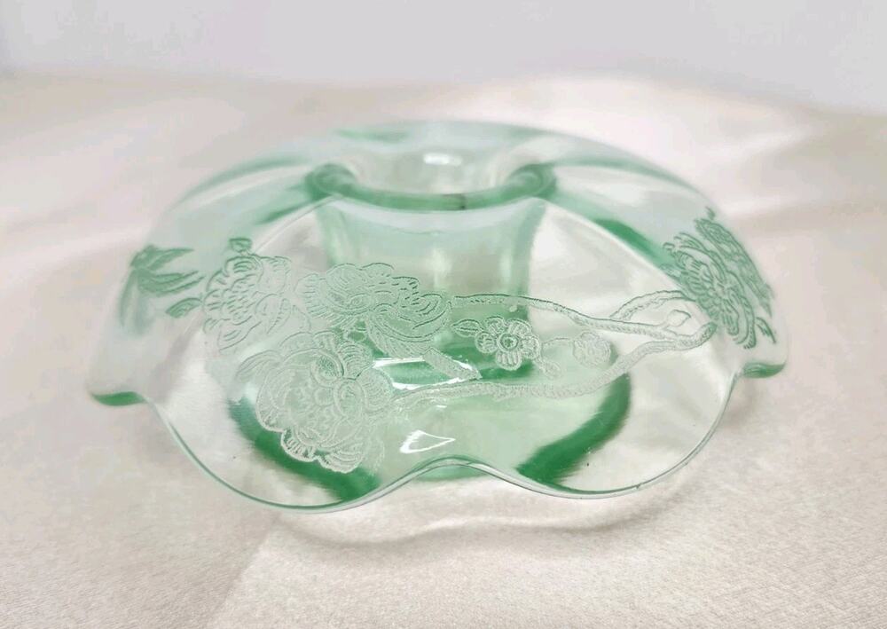 Vintage Paden City Peacock Wild Rose Green Glass Mushroom Candlestick READ